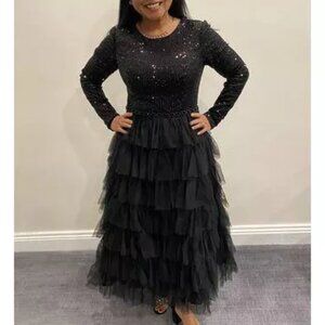 MAC DUGGAL Sequined Layered Tulle A-Line Cocktail Dress in Black Size US 6